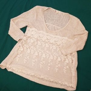 About a Girl Embroidered Shirt Top Scoop Neck Lace Cream Women's Small S